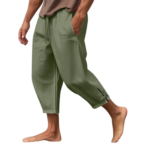 Men's Summer Cotton Linen Drawstring 3/4 Length Pants Casual Baggy Capri Shorts - Bild 21 von 39