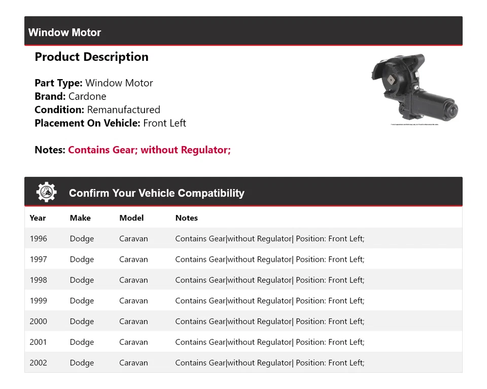 For 1996-2002 Dodge Caravan Window Motor Front Left Cardone 1997 1998 1999 2000 - Image 2 of 4