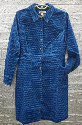 New Boden Long Sleeve Button Up Cord Shirt Dress Blue Diamond Trellis Size 12