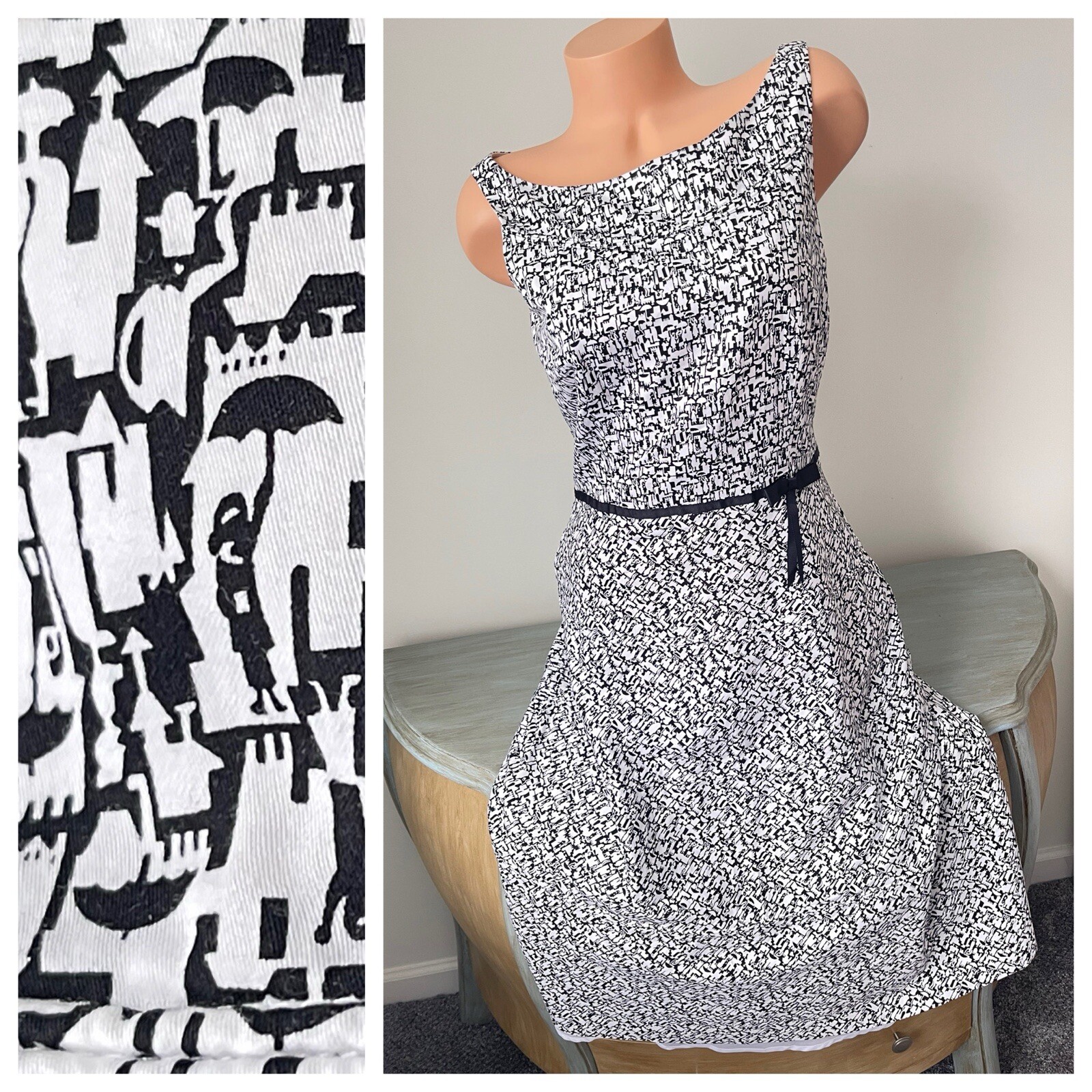 Liz Claiborne Novelty Dress with Fun Print of 12 People & Umbrellas in Black and White, Size 12