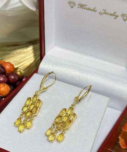 Pendientes colgantes de oro macizo de 14k con cierre de palanca, zafiro amarillo natural 4,39 gramos - Imagen 3 de 7