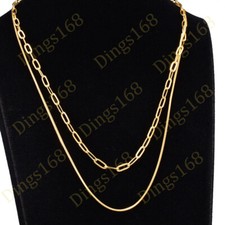 18K Yellow Gold Filled Snake/Paper Clip Choker Chains 2-Strand Layered Necklace