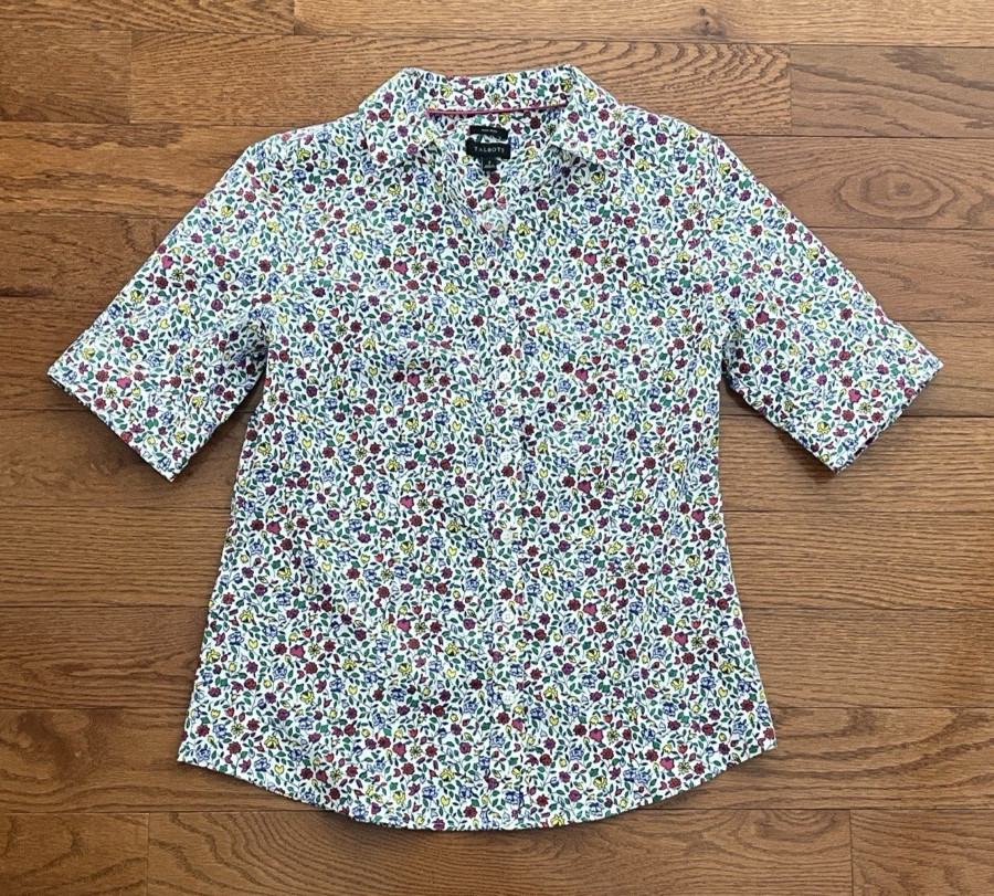 TALBOTS White Floral Short Sleeve Non-Iron Button Up Blouse Shirt, Women's 2