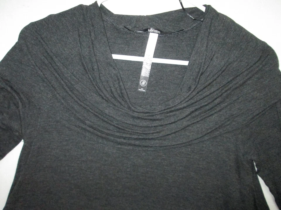 Kensie 深灰色鲨鱼咬不对称下摆长袖衬衫束腰上衣,尺寸 S — 第 2/4 张图片