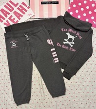 VS PINK VINTAGE Y2K SET HOODIE  SWEATPANTS ROCK N ROLL DOG SKULL CROSSBONES MED
