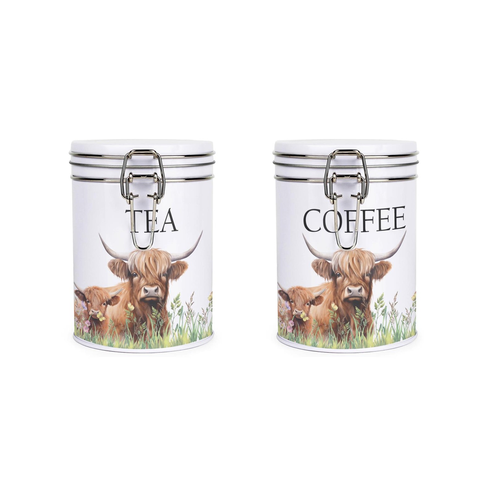 Highland Cow & Calf Hot Drinks Canisters Gift Set - Tea & Coffee Storage Tins