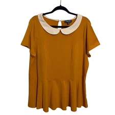 ModCloth Size 1X Yellow White Peter Pan Collar Peplum Blouse Top Retro Pinup