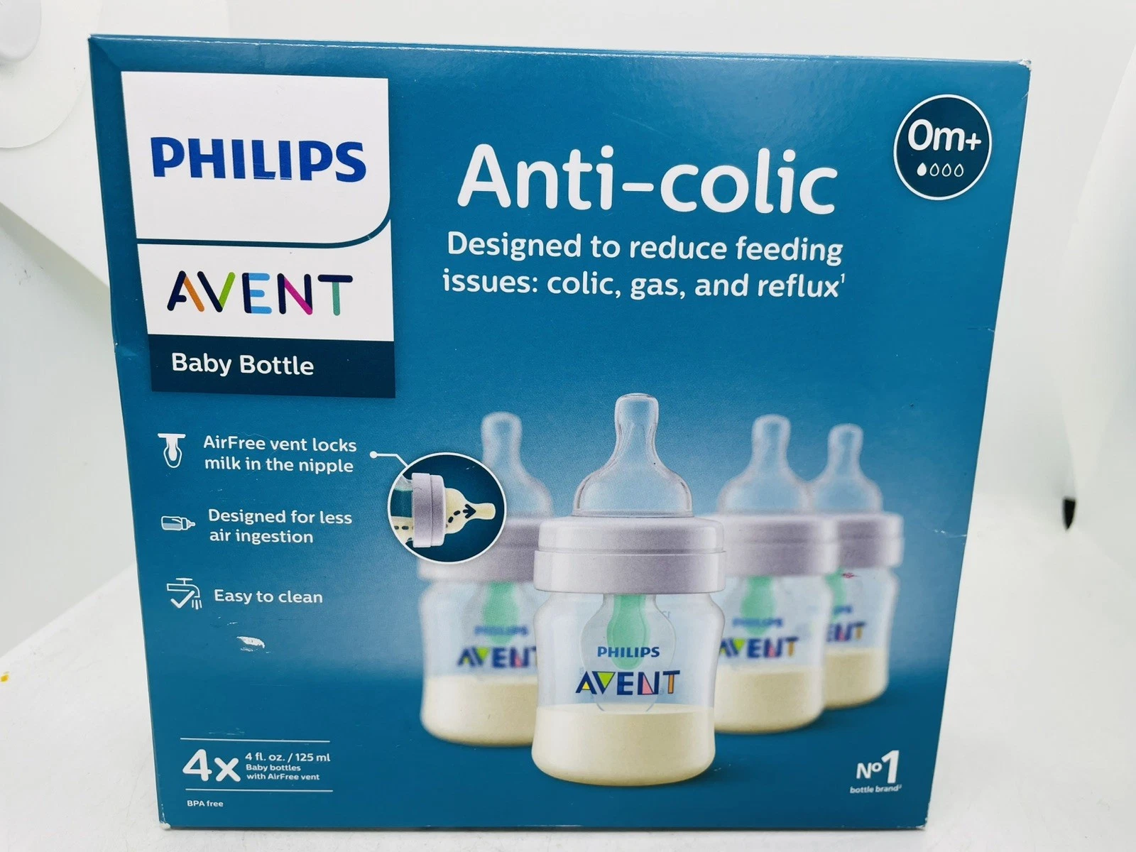 Philips Anti-Colic Bottle with AirFree Vent, 4oz, with Flow 1 Nipples, 0m+, 4pk