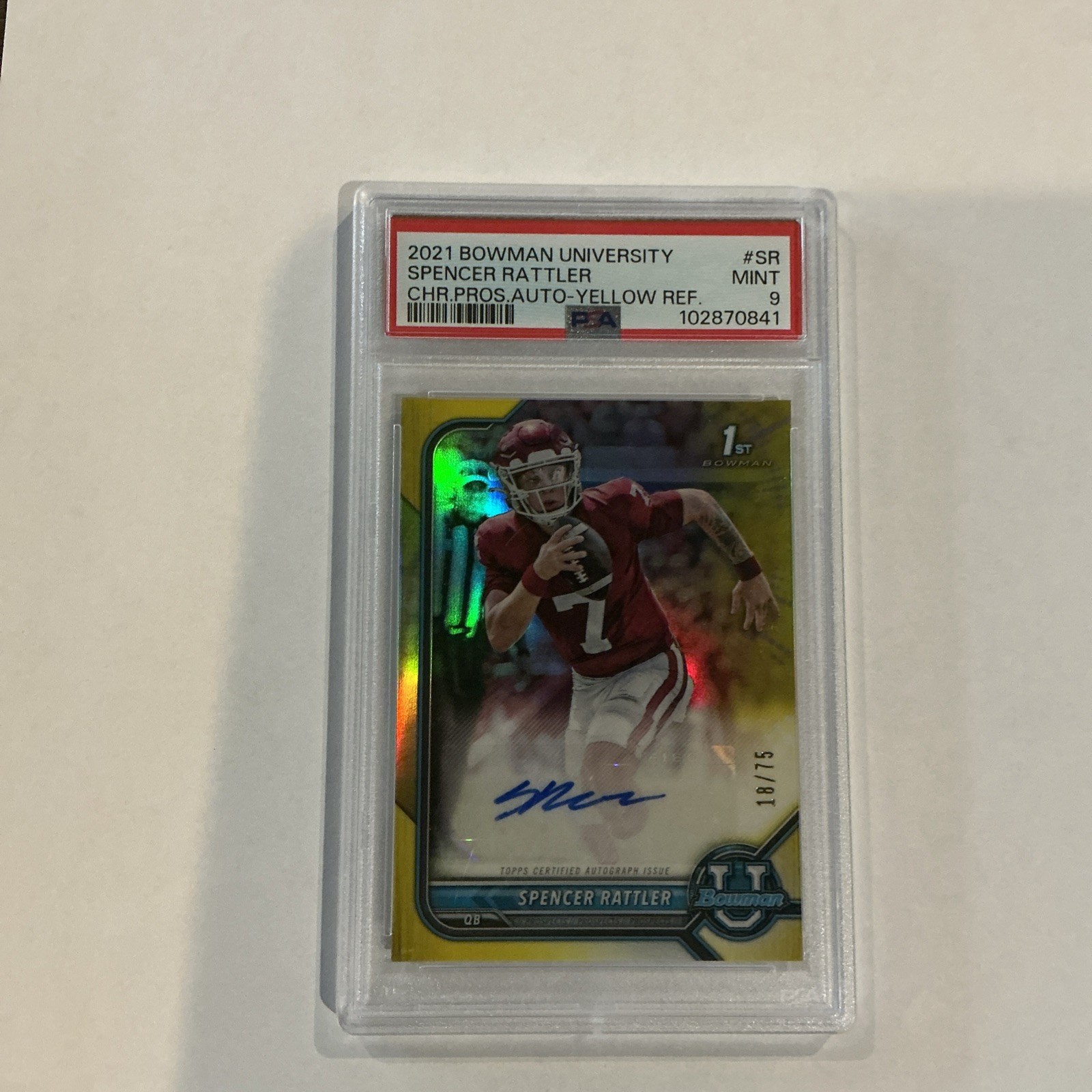 2021 Bowman U Chrome Prospect Yellow Refractor /75 Spencer Rattler PSA 9 Auto