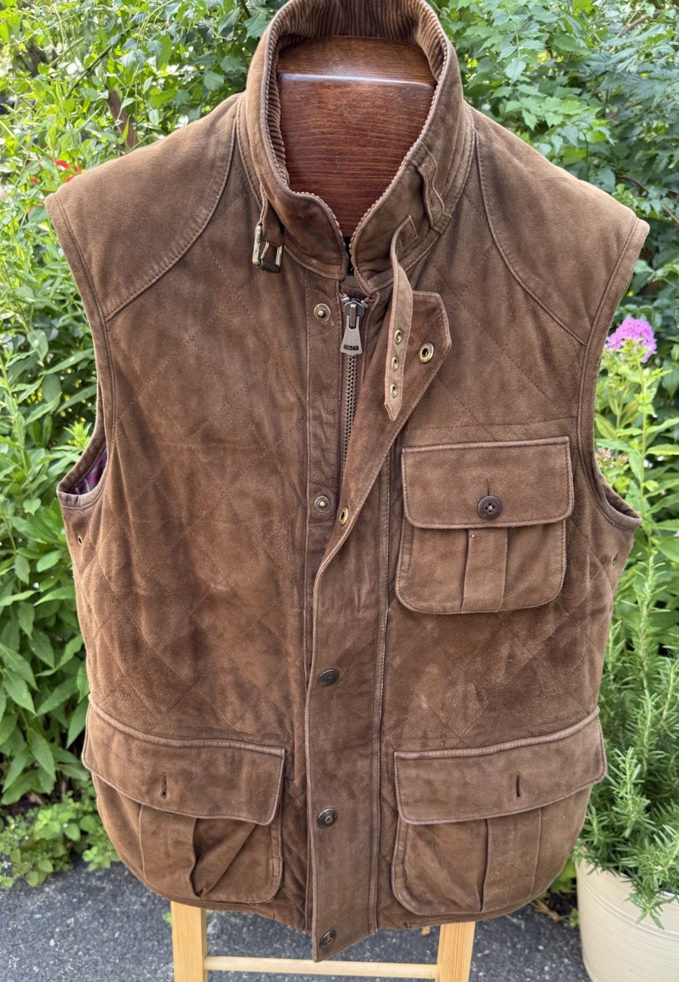 Polo Ralph Lauren Goat Suede Hunting Vest Brown Leather Plaid Twill Lined Sample