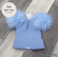 Beautiful Pom Pom Baby Hat - Light Blue - Newborn-12m - Stretchy Soft Fit - New
