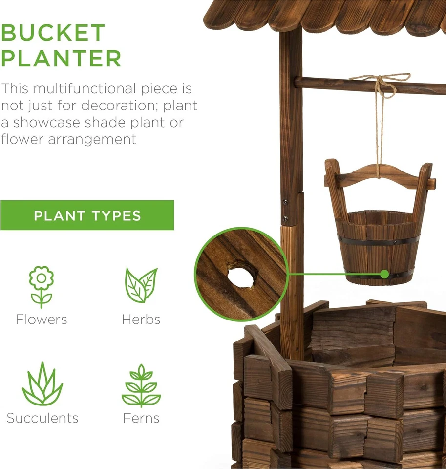 Rustic Wooden Wishing Well Outdoor Planter Home Yard Décor w/Hanging Bucket - Image 4 of 4
