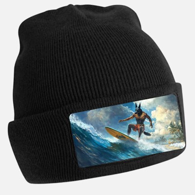 Black Beanie Hat with Cool Anubis Surft Motif - Unisex Cap, Cotton