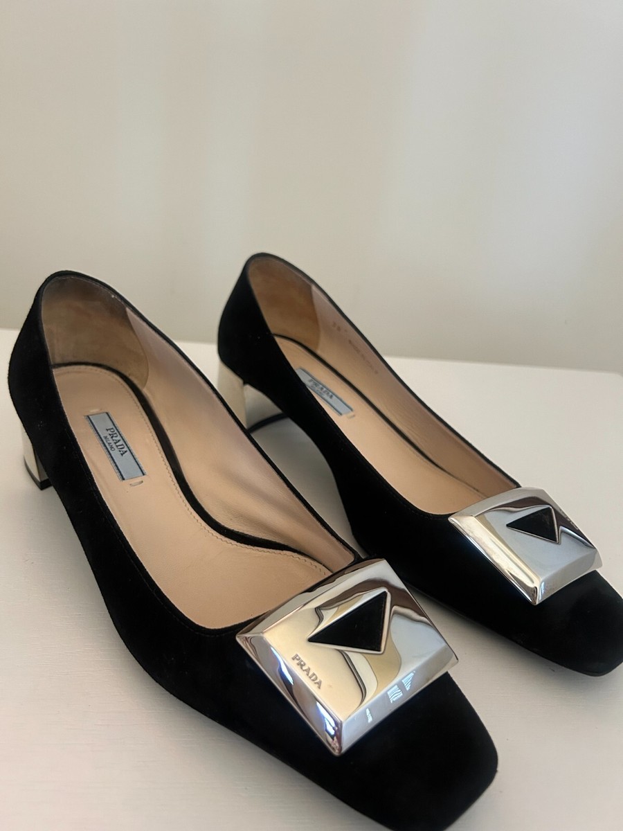 Authentic PRADA Black Suede Block Heel Pumps Silver Metallic