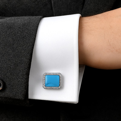 Natural Turquoise Octagon Gemstone 925 Sterling SIlver Men's Designer Cuff links