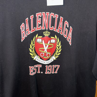NWT Balenciaga College Tee Est 1917 Crest Logo T Shirt Black Red 
