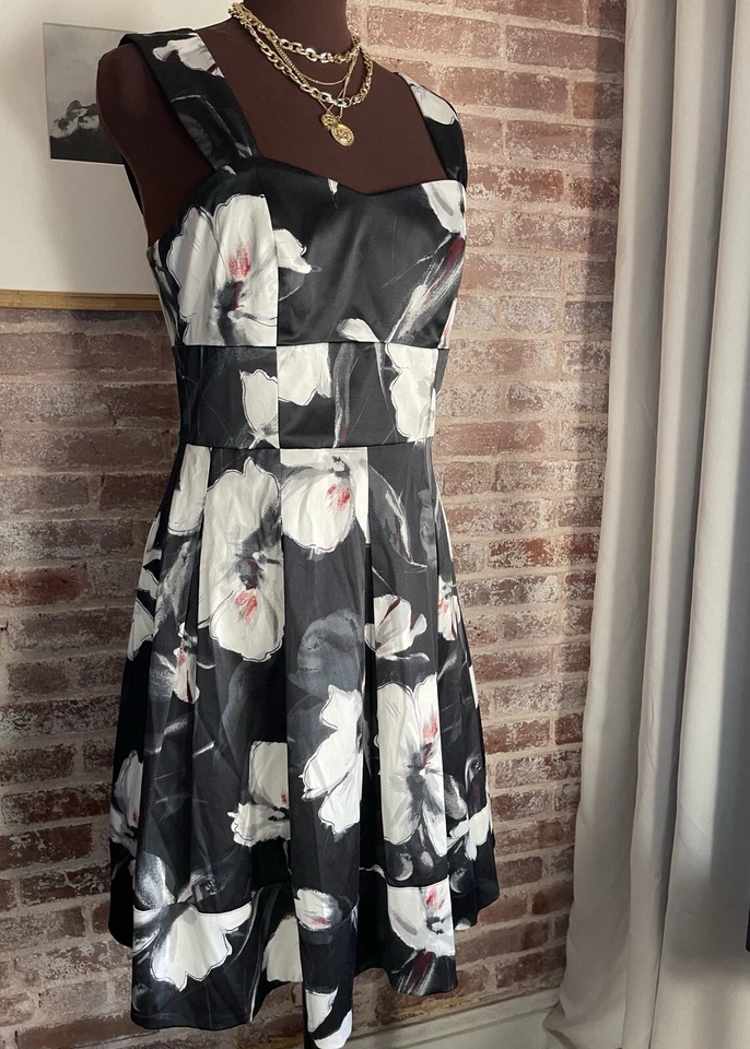 White House Black Market Black White Floral Party Wedding Swing A-Line Dress 10 - Image 4 of 4