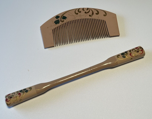 Set di spille per capelli vintage giapponesi Raden Pettine e Kogai in rilievo dorato con rosso + verde - Foto 7 di 13
