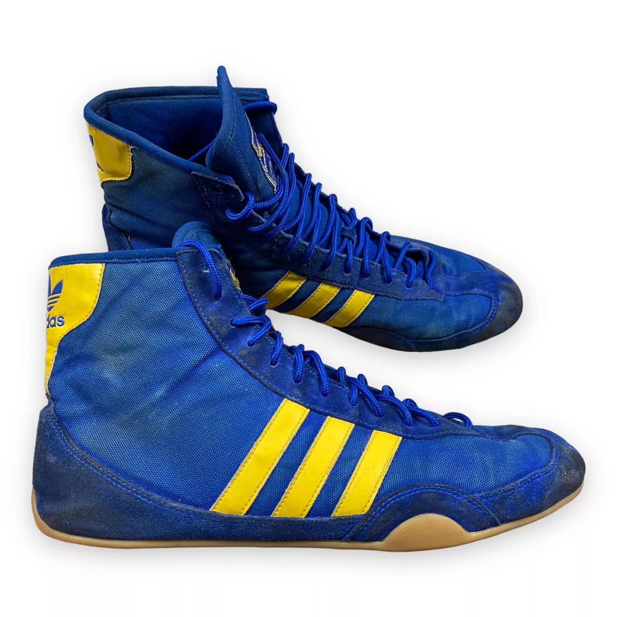 Vintage Adidas Blue Canvas Wrestling shoes size 11 Yellow Stripes Gum Sole  Lace | eBay