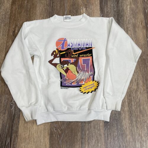 Vintage Tasmanian Devil Sweater Taz Crewneck Youth Large White Pullover READ - Picture 1 of 4