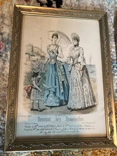 A Pair of Antique French Hand-Colored Fashion Plate Prints Framed