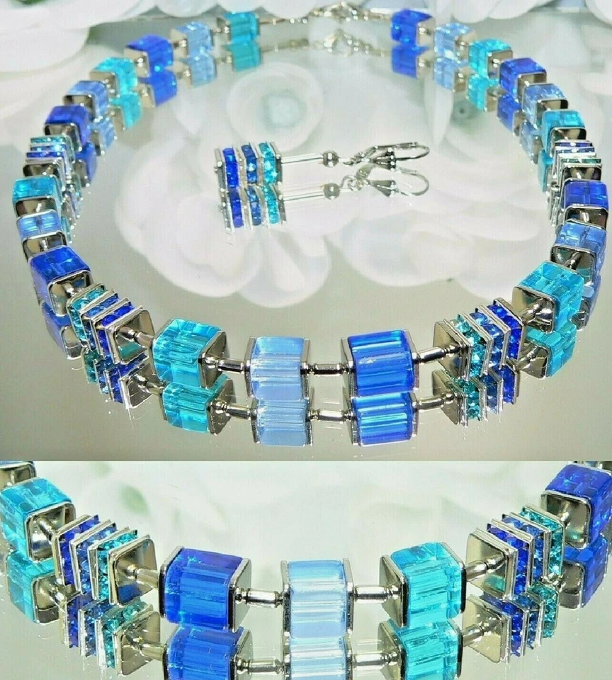 3er Schmuckset Würfel Cube Glas Strass blau hellblau türkis dunkelblau 092i