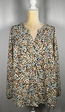 I.N. Studio Women Blouse Tunic 2X Shirt Long Sleeve Button Floral Green Brown