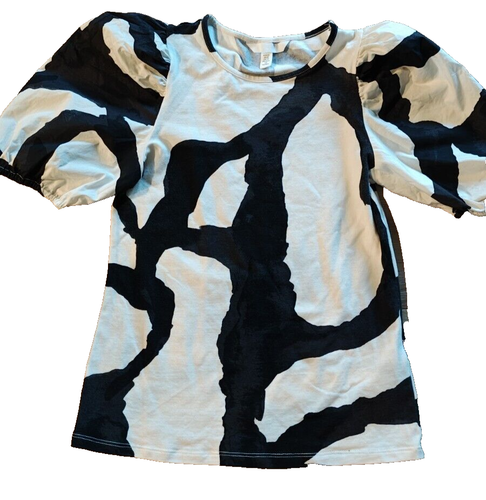 H&M Shirt Top Flounce Puff Sleeve Blouse Black & White XS