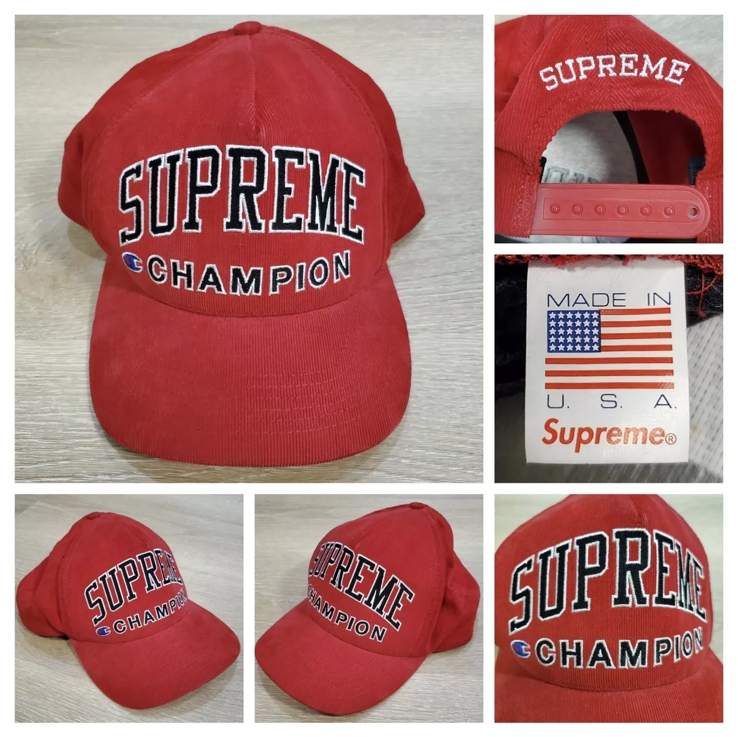 Casquette snapback 5 panneaux rouge logo brodé Supreme x Champion SS17 EUC