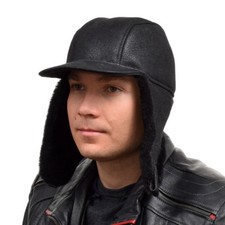 Schwarz Fliegermütze mit Schirm aus Lammfell I Herren Pelzmütze Kappe Mütze FOX