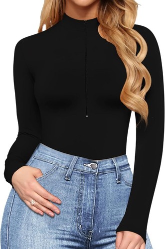 Body slim fit manica lunga scollo a V, nero, X-Small - Foto 2 di 5