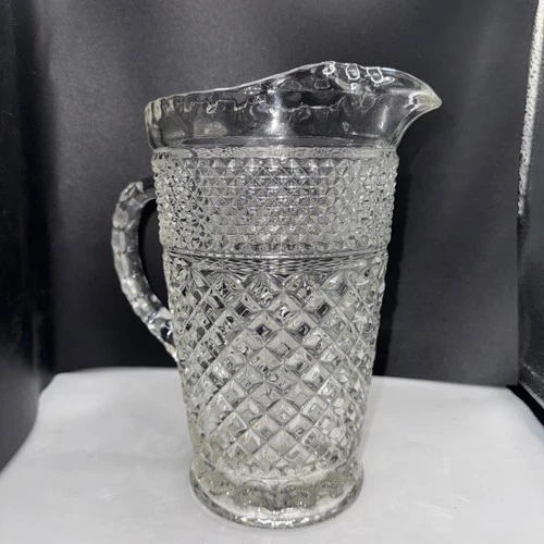 Vintage ANCHOR HOCKING Wexford Crystal Glass Pitcher 64 Oz Diamond Pattern MCM