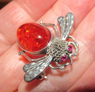 Bezaubernde 925 Sterling Silber Bernstein & Rubin Augen Set Fliege Käfer Insekt Brosche Anstecknadel