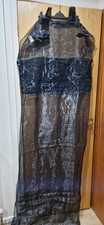 Black Polyester Sheer Curtain Panel X 2 With Velvet Header Design With Tab Tops