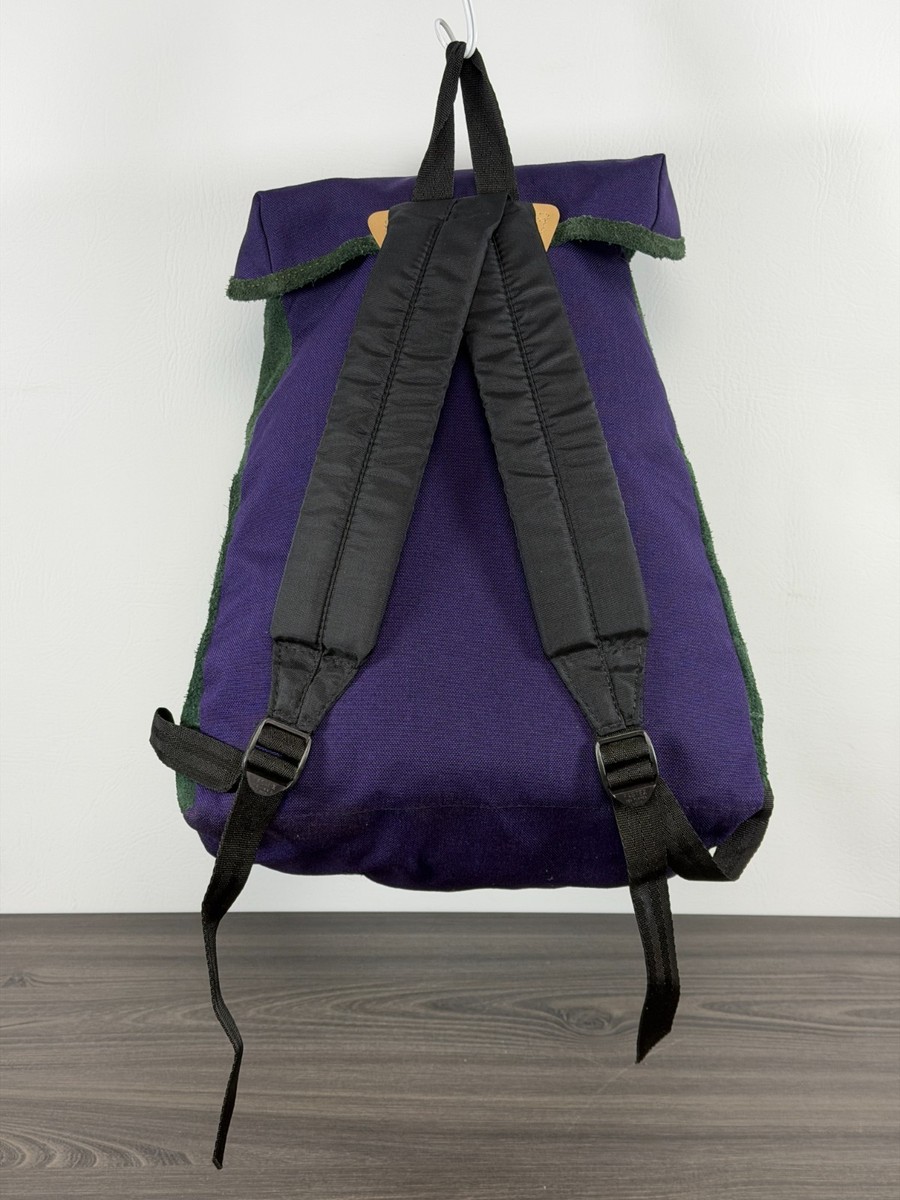VTG 90s Eastpak Backpack in Green Suede & Purple Canvas Cinch Flap