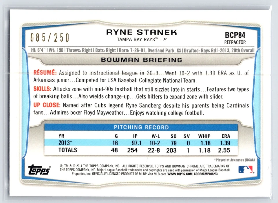 2014 Bowman 1st Chrome Prospects Blue Refractor #BCP84 Ryne Stanek RC 122/250 - Image 2 of 3