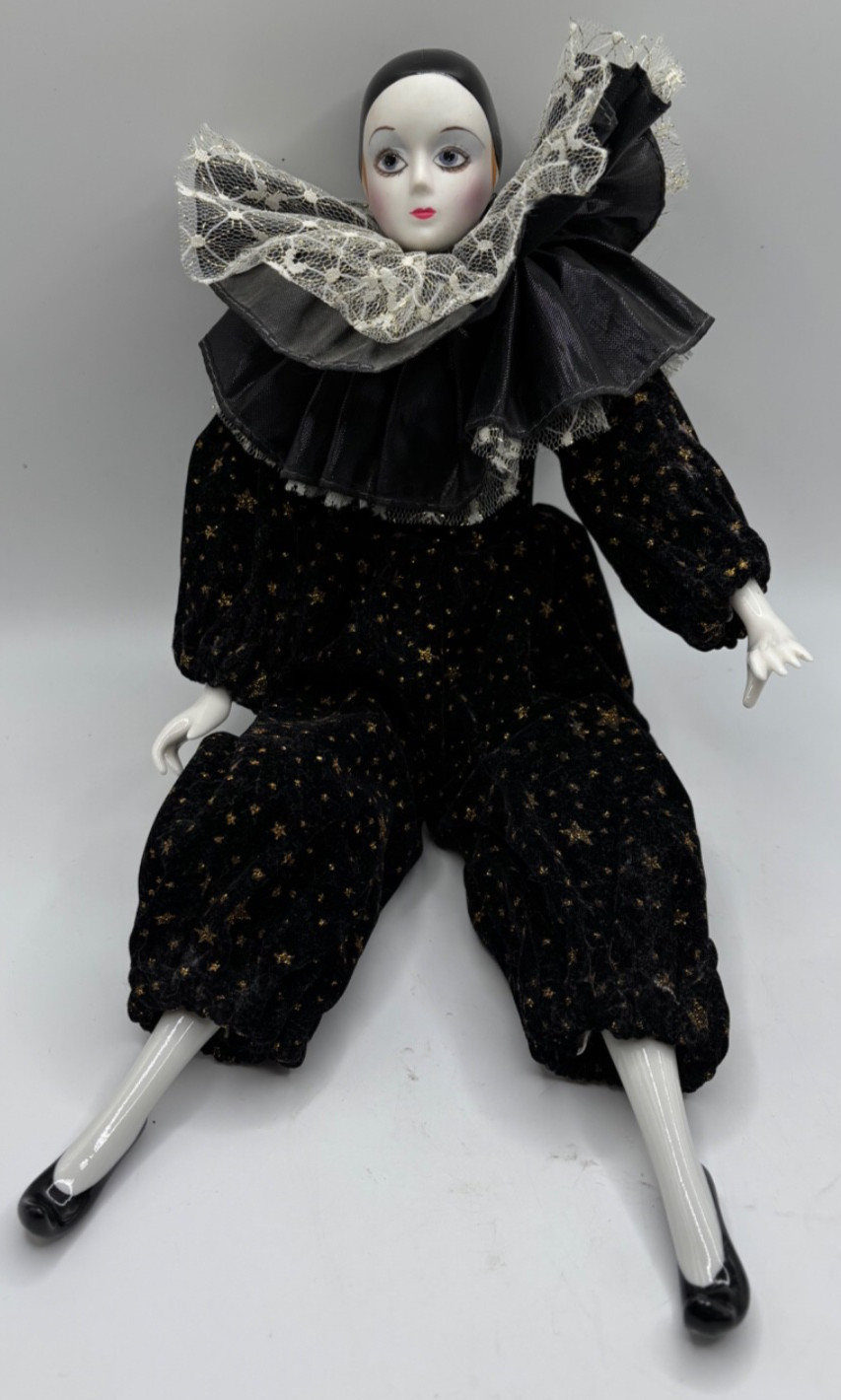 Vintage Silvestri Porcelain Pierrot Clown Jester Doll Figurine Black Gold EUC