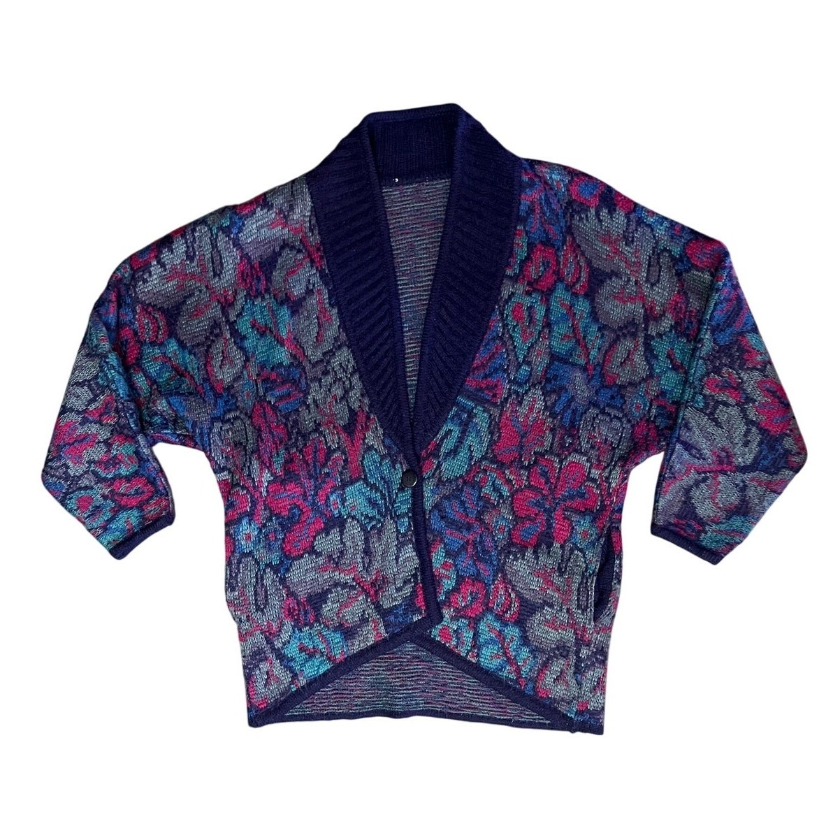 Vintage Cardigan Womens 1X Pink Purple Floral Jacquard Knit Sweater Tapestry 90s
