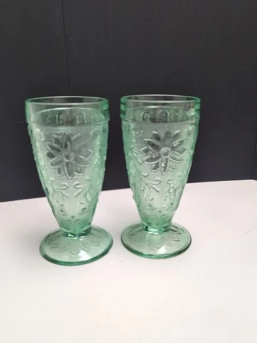 Lot Of 2 Tiara Sandwich Green Depression Glass Tumbler Chantilly Footed Iced Tea