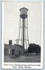 1920 Shelby Nebraska Postal Torre de Agua Estación de Bombeo Planta de Luz Eléctrica