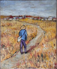 Antique Impressionist ALCARAZ Portrait Man Wheat Field VAN GOGH XX