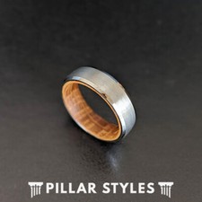 6mm Mens Ring Silver Whiskey Barrel Ring Tungsten Wedding Band Bourbon Wood Ring