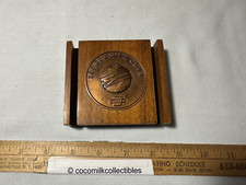 Vintage 1960's United Airlines Desk Top Medallion Paperweight Letter Holder Wood
