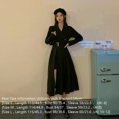 Women Side Split Midi Dress Long Sleeve V-neck Suit Skirt Punk Gothic Black  Slim | eBay