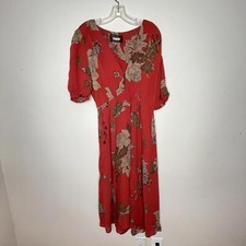 Reformation Burnt Orange Floral Plunging Neckline Dress Smocked Sleeve Size L