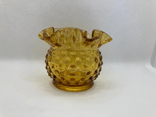 Small Vintage Fenton Art Glass 3" Amber Gold Hobnail Ruffled Open Rose Bowl Vase