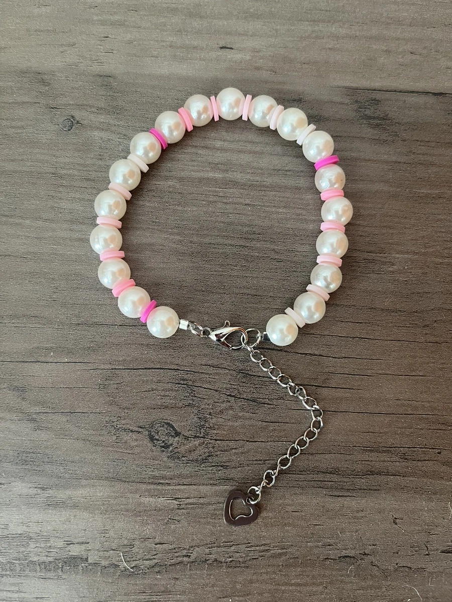 Silver- Pink Clay Bead Pearl Bracelet