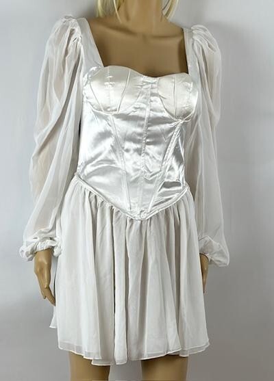 missord lantern sleeve satin bustier skater dress Miss Ord- Lantern Sleeve White Mini Satin Bustier Skater Dress (M, M0923)