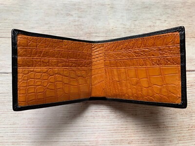 Genuine Crocodile Skin Black/Orange Leather Bifold Wallet Handmade RFID Blocking