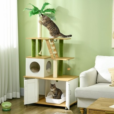 2-in-1 Kratzbaum mit grünem Blatt und versteckter Katzentoilette, Haus, Innenbereich, generalüberholt